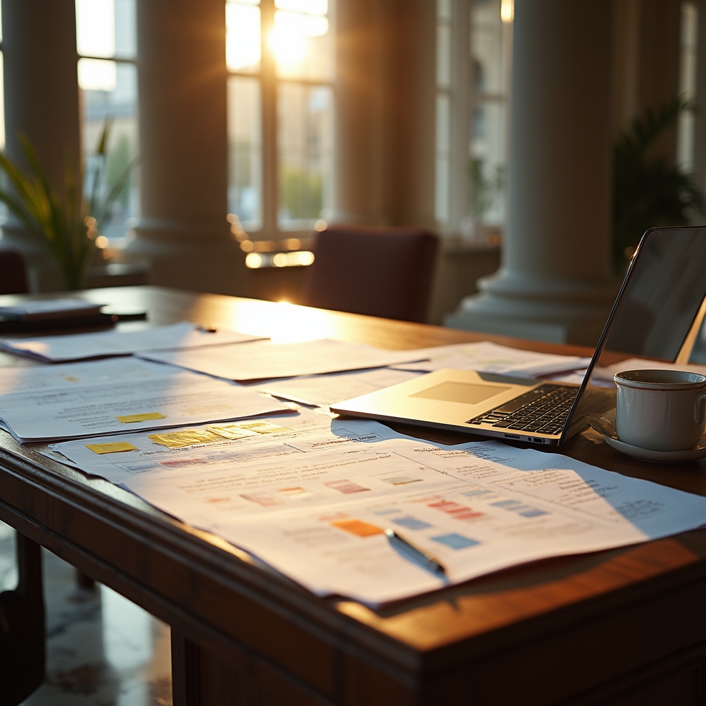 Course materials and notes spread across a large wooden desk in a well-lit professional workspace during course development