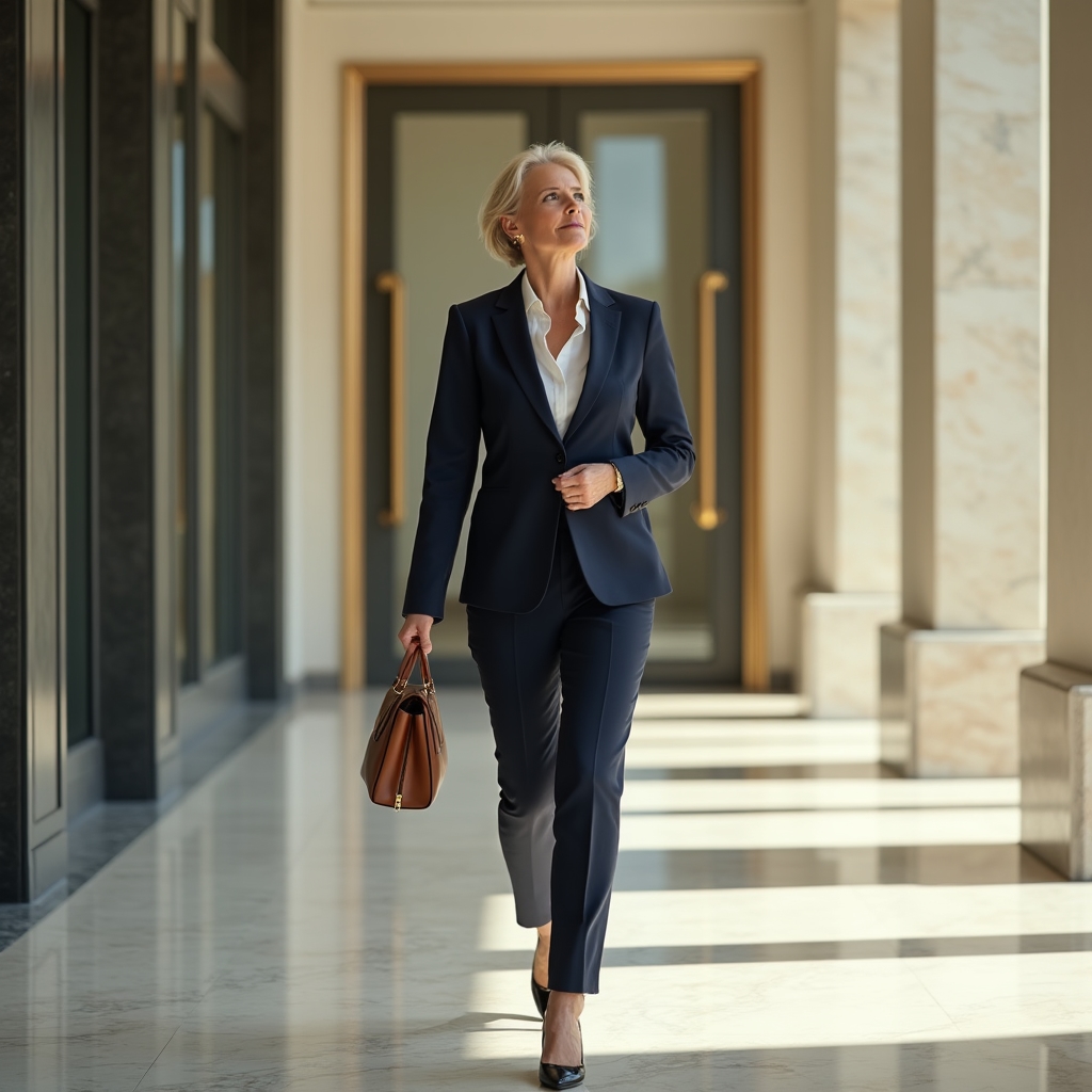 Confident business professional standing in a sunlit premium office corridor reviewing course materials