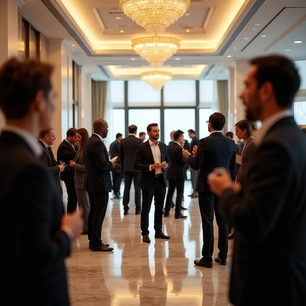 Professional association members networking in a large, well-lit conference hall with premium decor and organized seating