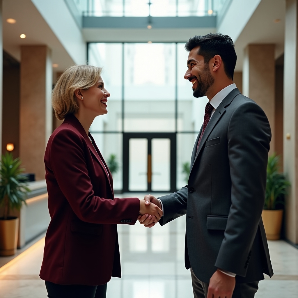 Two business owners finalizing a complementary partner arrangement with confident handshake in a premium office lobby