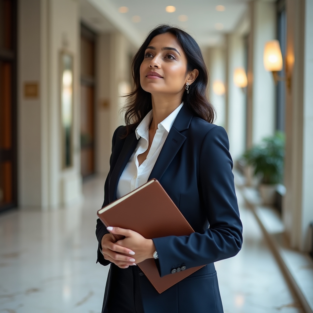 Business professional reviewing referral strategy documents at a premium workspace