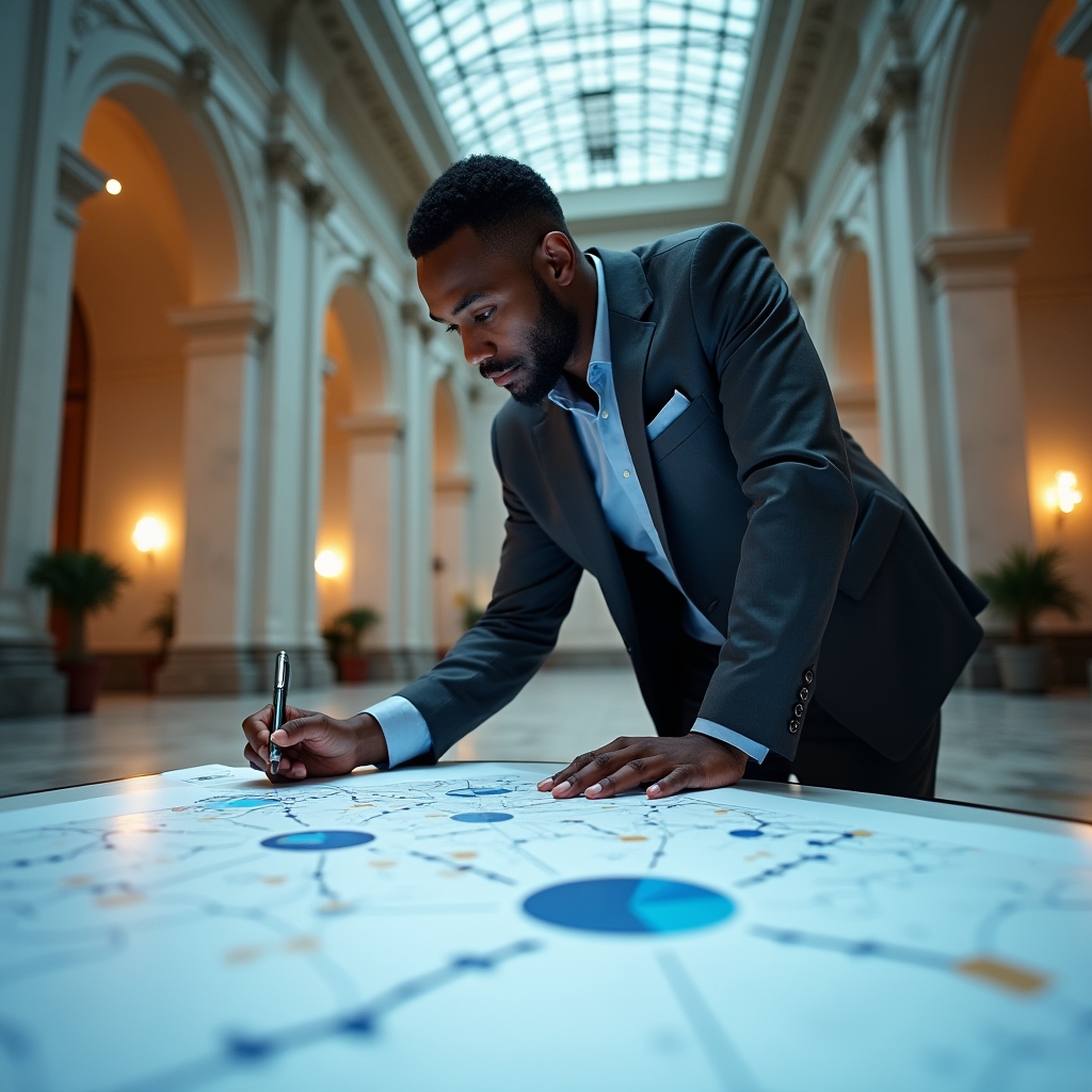 Professional working through a referral source mapping exercise on large format paper in a well-lit workspace