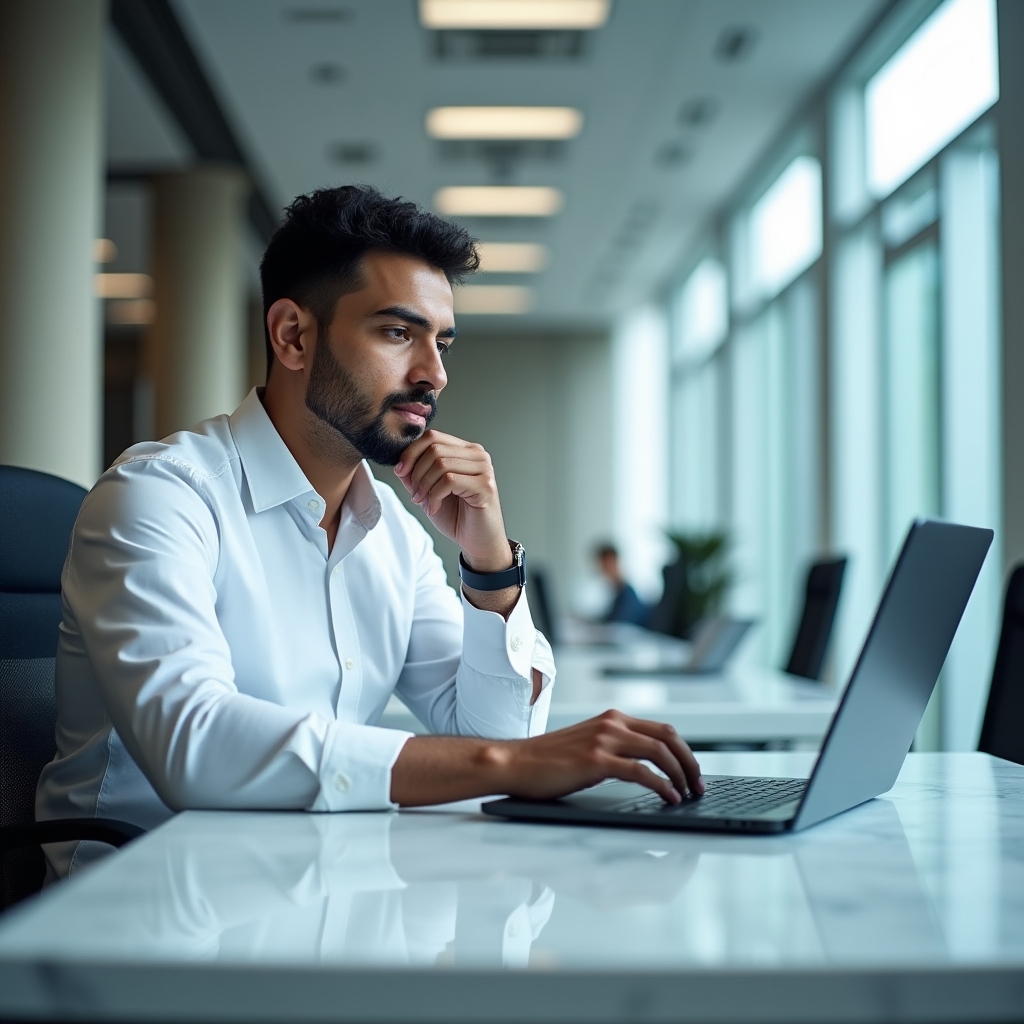 Professional reviewing referral source data on a laptop screen in a bright modern office setting